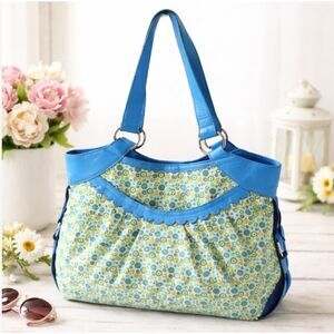 Vera Bradley Large Shoulder Bag Blue Yellow Floral Vinyl Frill Tote Purse